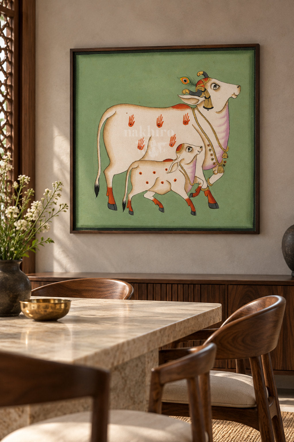 Mother Cow and Calf on Green — room view 2