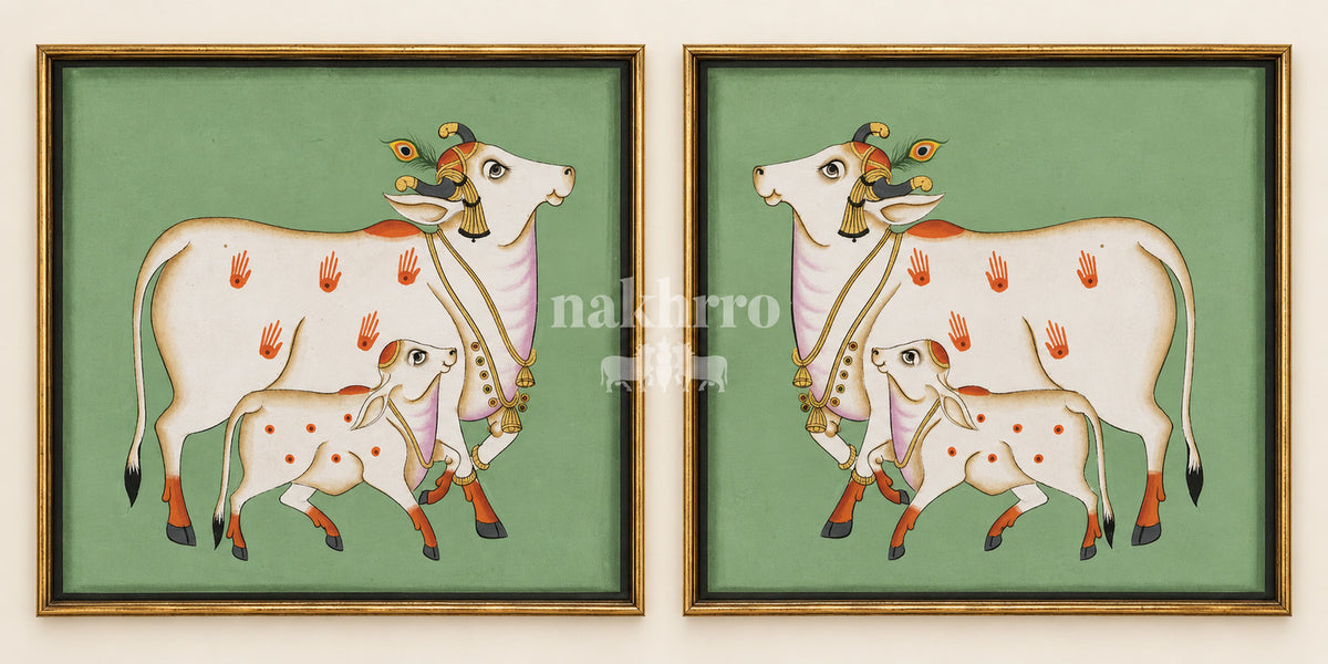 Mother Cow and Calf on Green | Mirrored Pichwai Gallery Wall Set of Two
