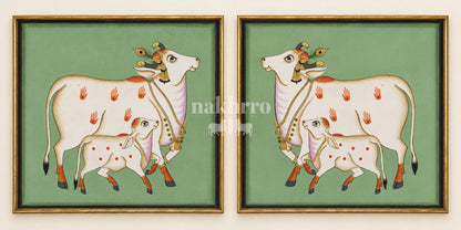 Mother Cow and Calf on Green | Mirrored Pichwai Gallery Wall Set of Two