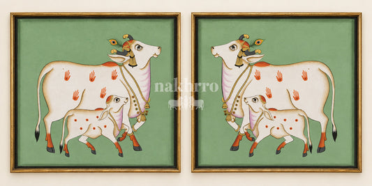 Mother Cow and Calf on Green | Mirrored Pichwai Gallery Wall Set of Two