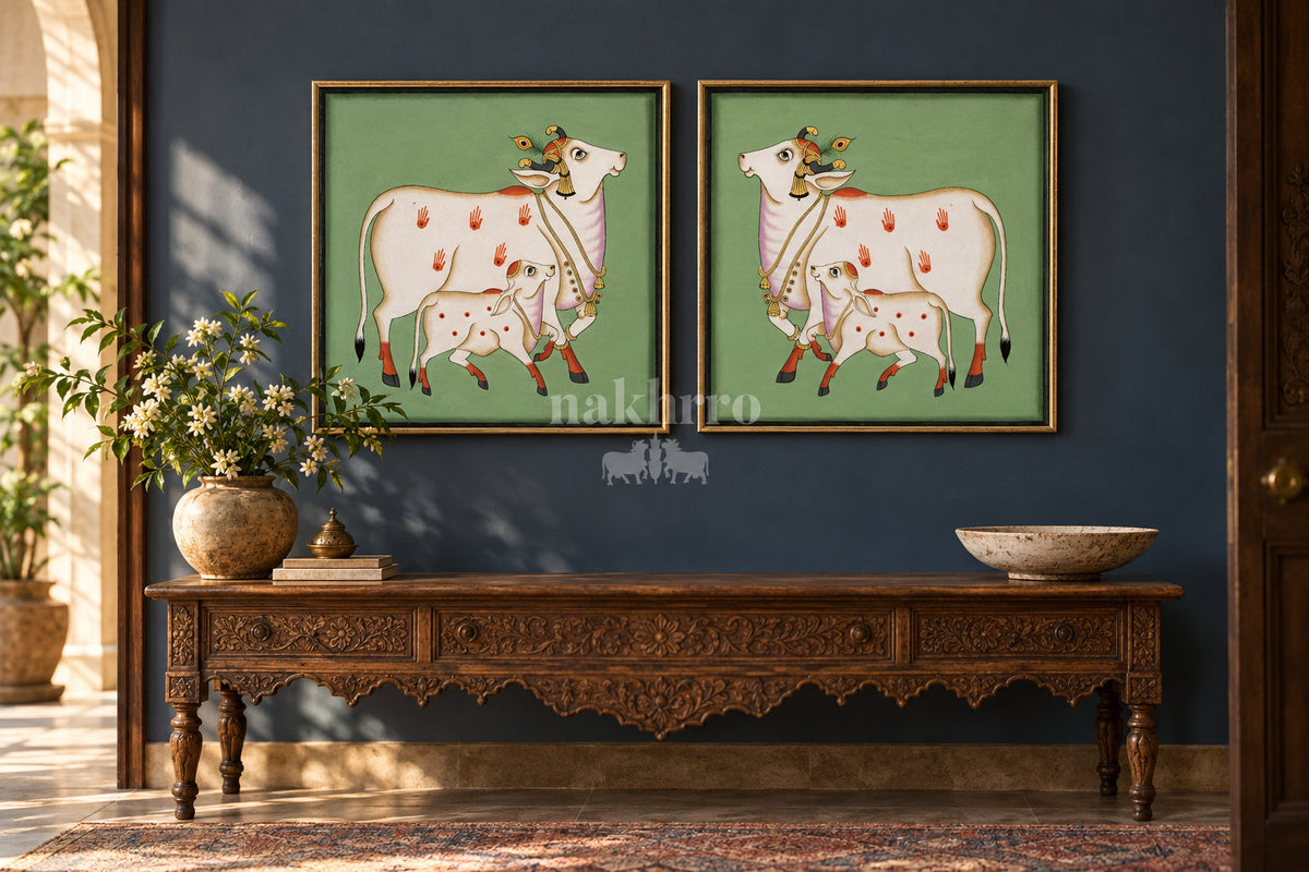Mother Cow and Calf on Green — gallery wall room view 1