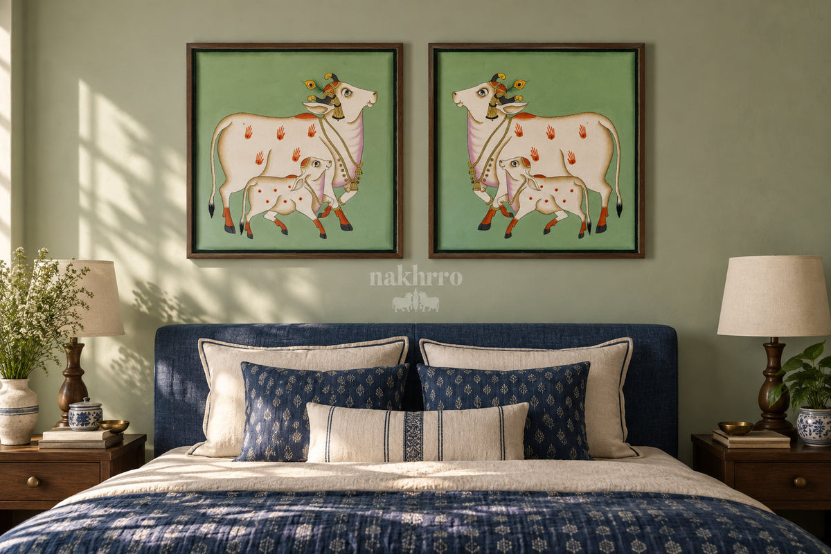 Mother Cow and Calf on Green — gallery wall room view 2