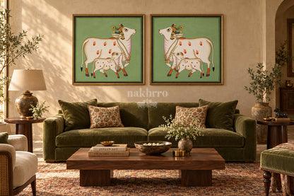 Mother Cow and Calf on Green — gallery wall room view 3