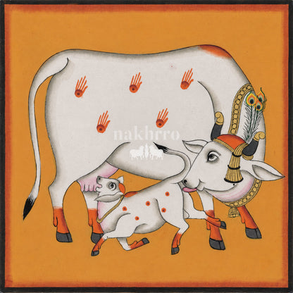 Mother Cow and Calf on Ochre | Pichwai Museum-Grade Art Print