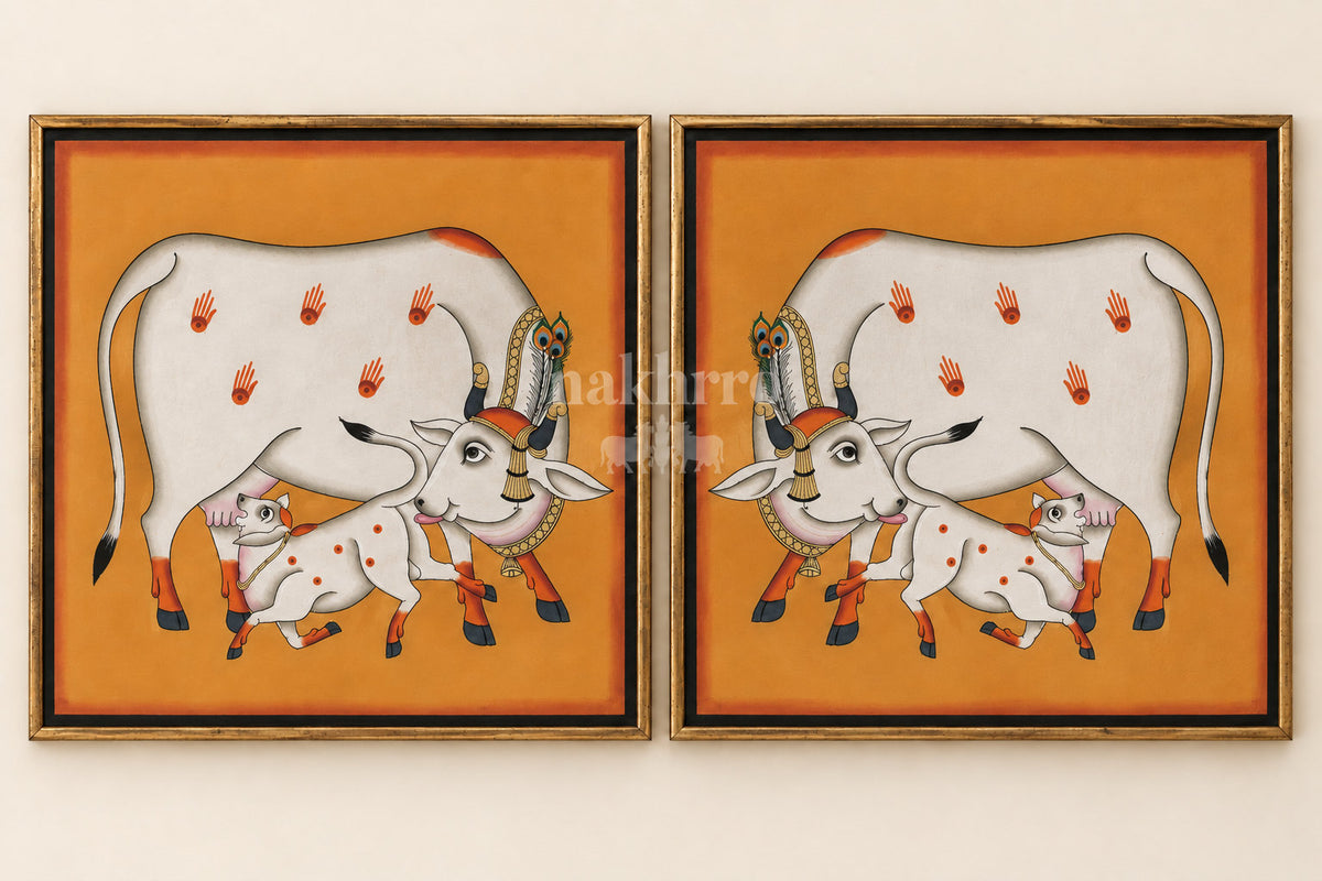 Mother Cow and Calf on Ochre | Mirrored Pichwai Gallery Wall Set of Two