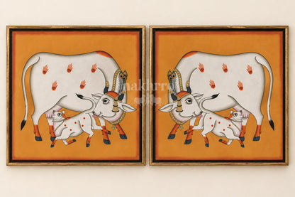 Mother Cow and Calf on Ochre | Mirrored Pichwai Gallery Wall Set of Two