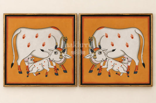 Mother Cow and Calf on Ochre | Mirrored Pichwai Gallery Wall Set of Two