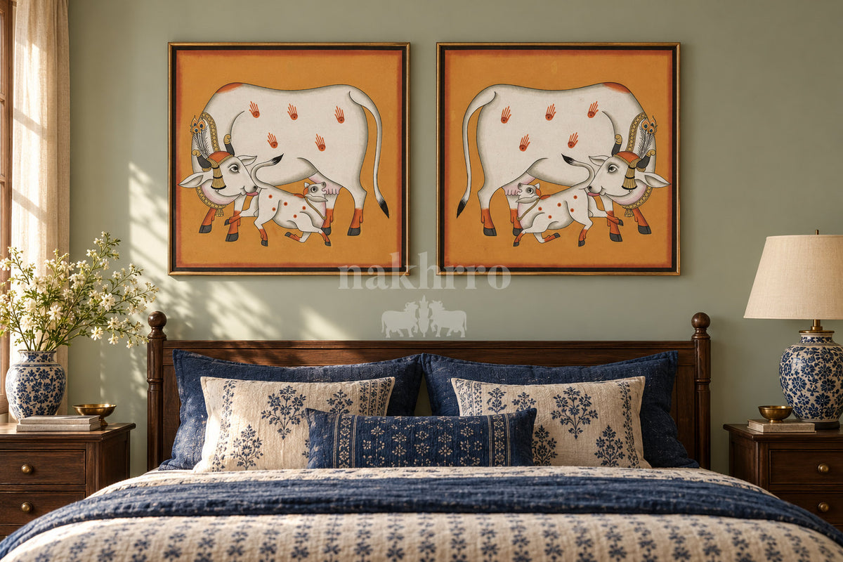 Mother Cow and Calf on Ochre — gallery wall room view 1