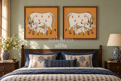 Mother Cow and Calf on Ochre — gallery wall room view 1