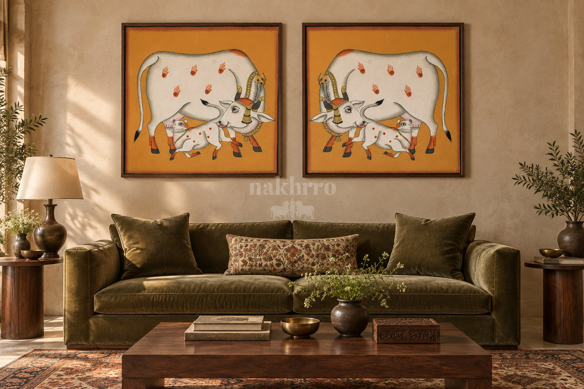 Mother Cow and Calf on Ochre — gallery wall room view 2