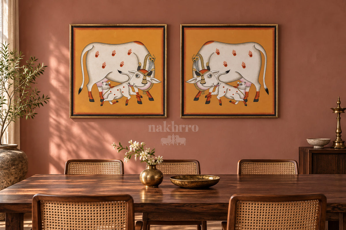 Mother Cow and Calf on Ochre — gallery wall room view 3