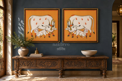 Mother Cow and Calf on Ochre — gallery wall room view 4