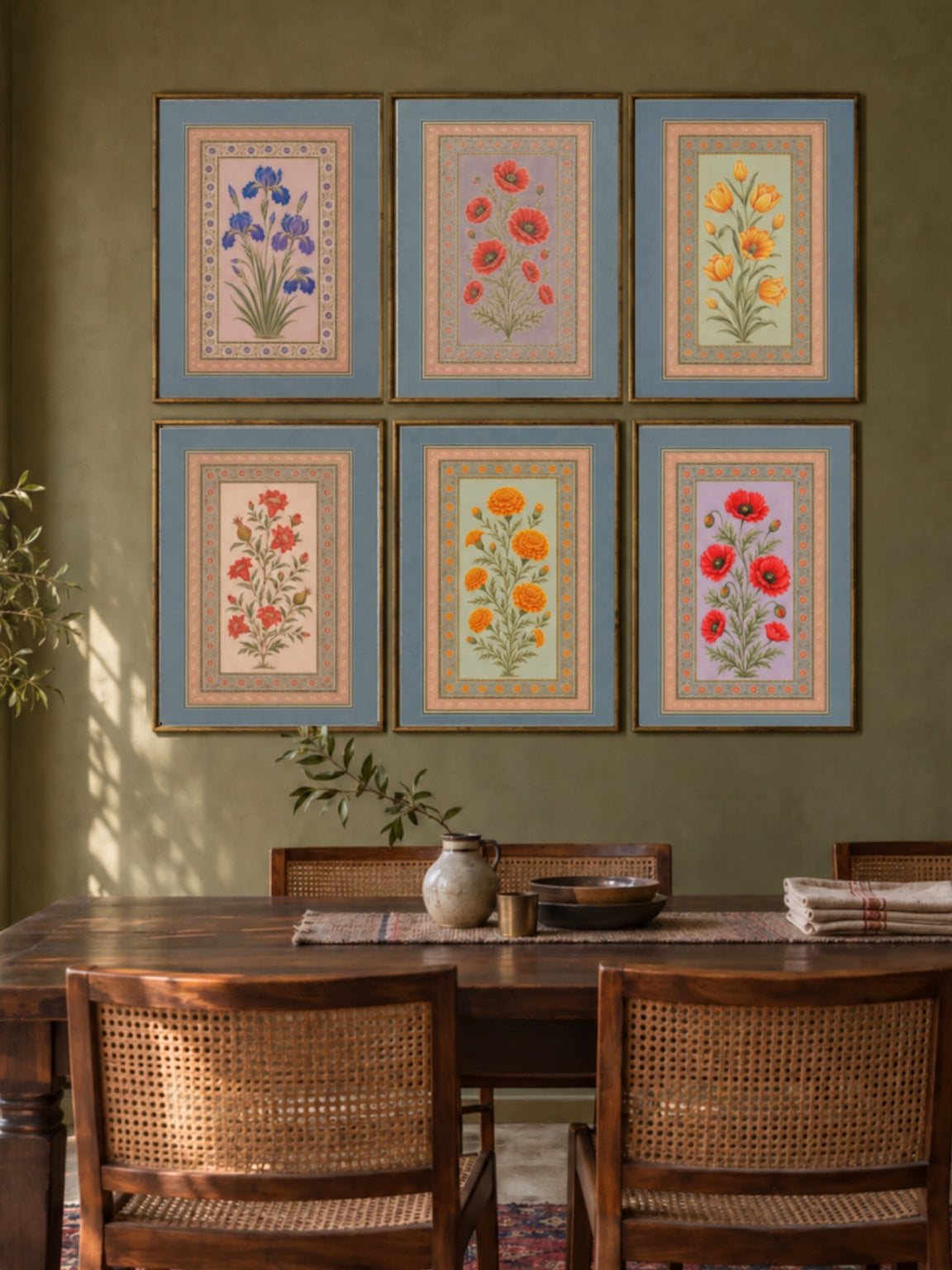 Mughal floral gallery wall set of six with blue borders
