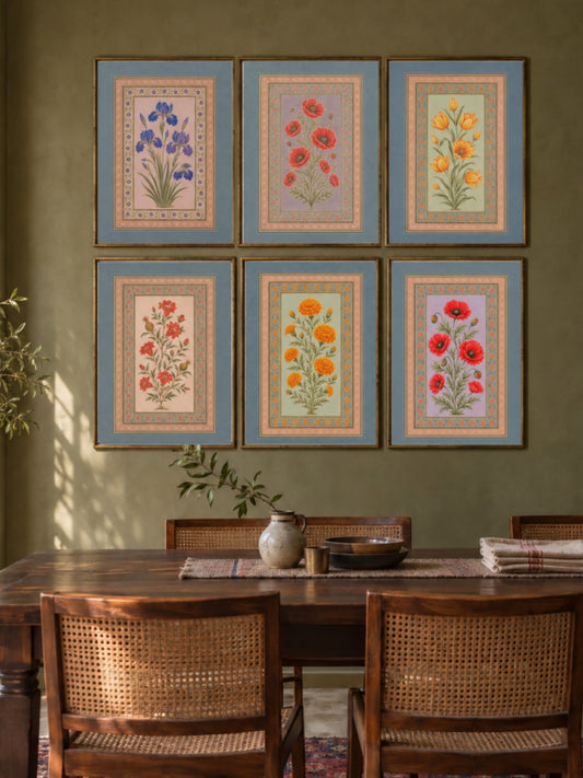 Mughal floral gallery wall set of six with blue borders