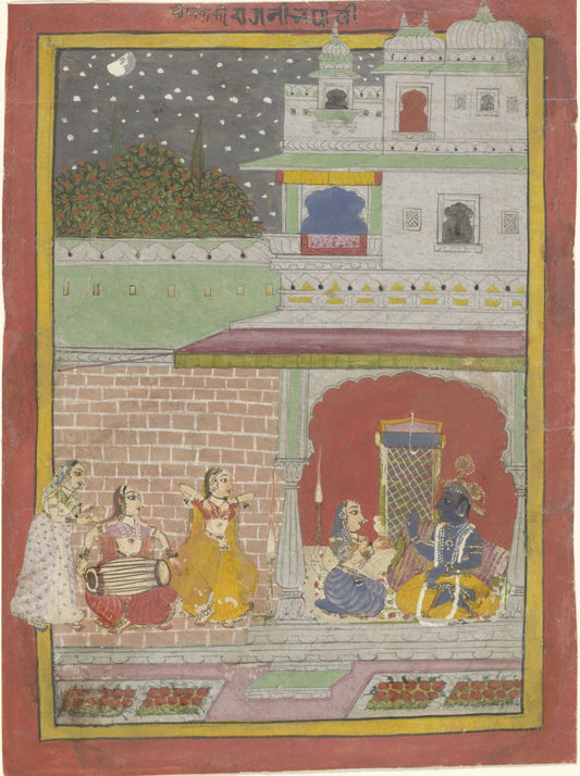 Musicians and courtly figures gather on a red terrace beneath a white palace, while a crescent moon lights the garden above.