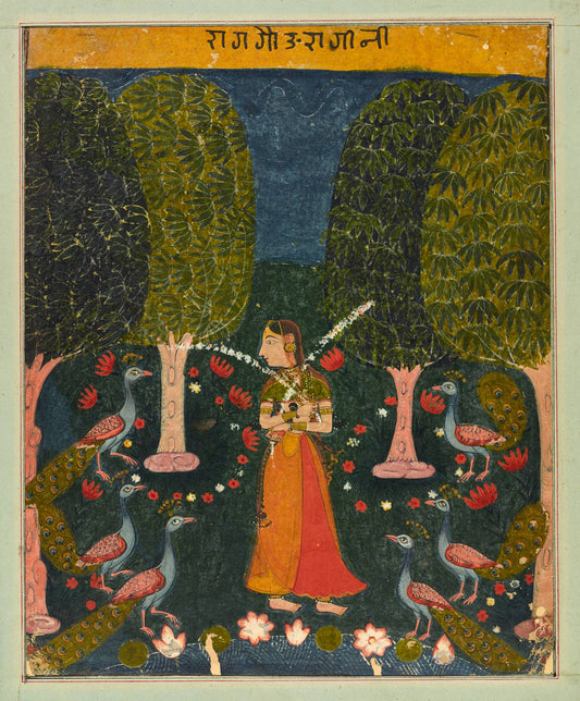 A standing musician is surrounded by winding snakes, dark water and pale lotus blooms within a densely patterned grove.