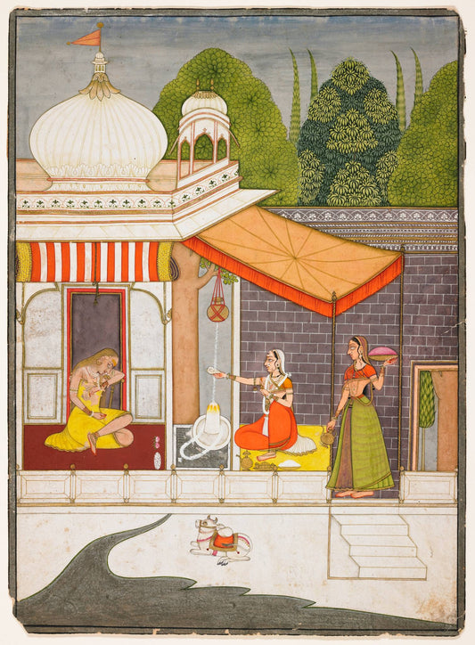 A lively musical gathering unfolds beneath a golden awning on a white palace terrace, with domes and flowering trees behind.