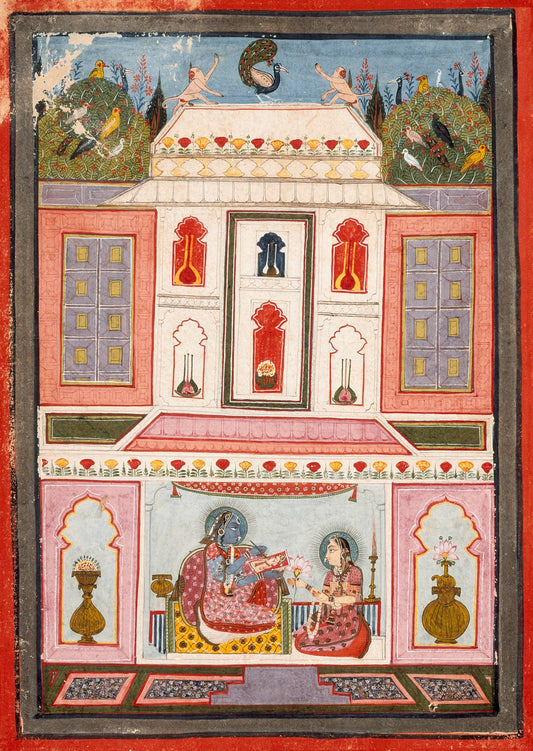 A courtly gathering and musicians occupy the lower terrace of an elaborate palace filled with colourful figure niches.