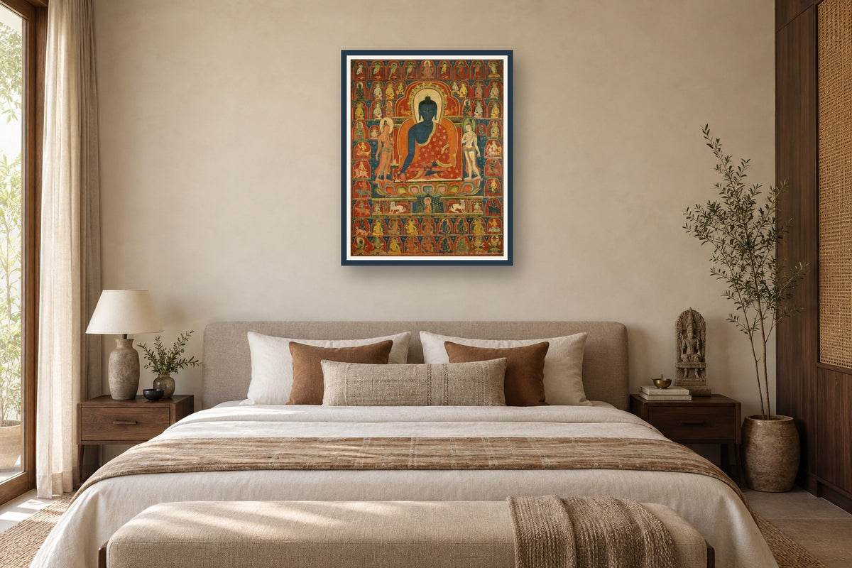 Akshobhya Buddha art print styled in a premium bedroom