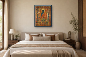 Akshobhya Buddha art print styled in a premium bedroom