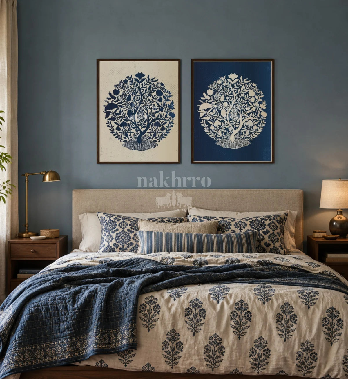 Room styling illustration of the inverse blue and ivory floral pair above a bed; mounts differ from the product photograph