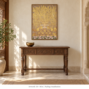 Golden Tree of Life with Elephants above an Indian carved console — styling visualisation labelled 24 × 36 inches