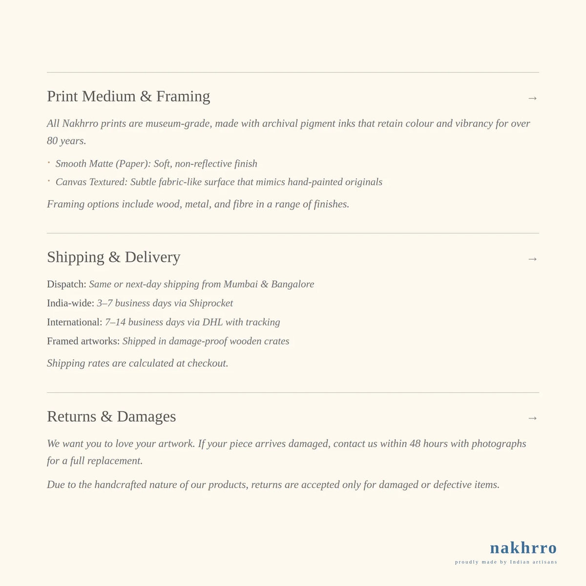 Nakhrro museum-grade printing and product information guide