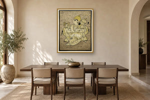Hanuman Chalisa sacred text art print styled in a premium dining room