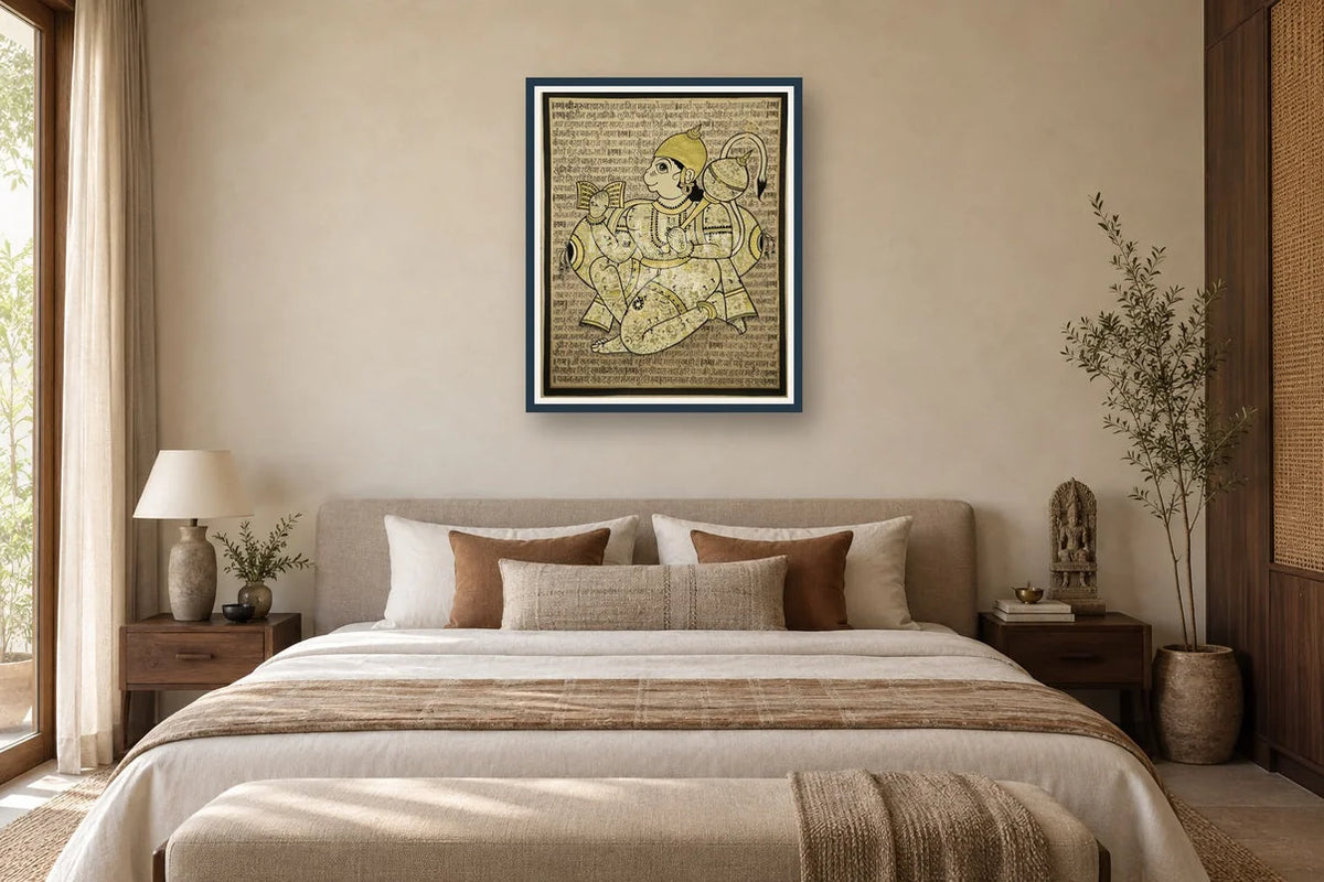 Hanuman Chalisa sacred text art print styled in a premium bedroom