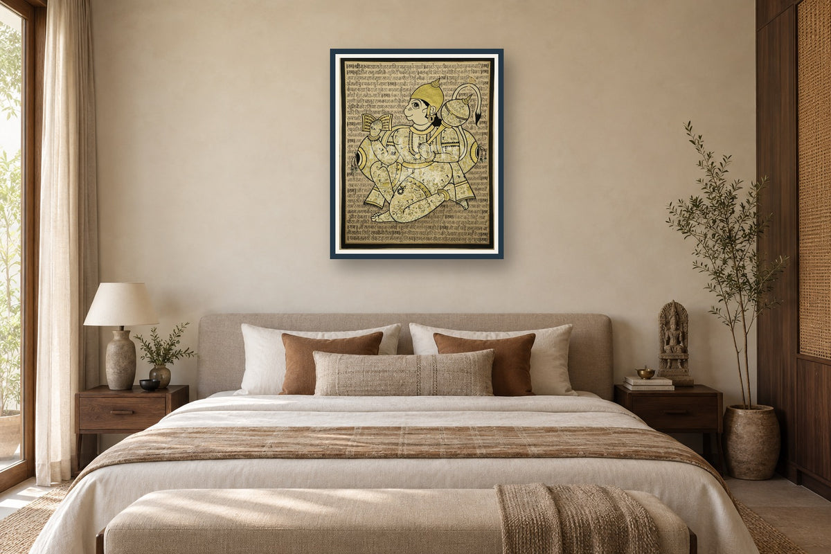 Hanuman Chalisa sacred text art print styled in a premium bedroom