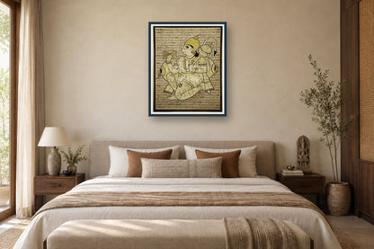 Hanuman Chalisa sacred text art print styled in a premium bedroom