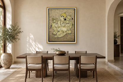 Hanuman Chalisa sacred text art print styled in a premium dining room