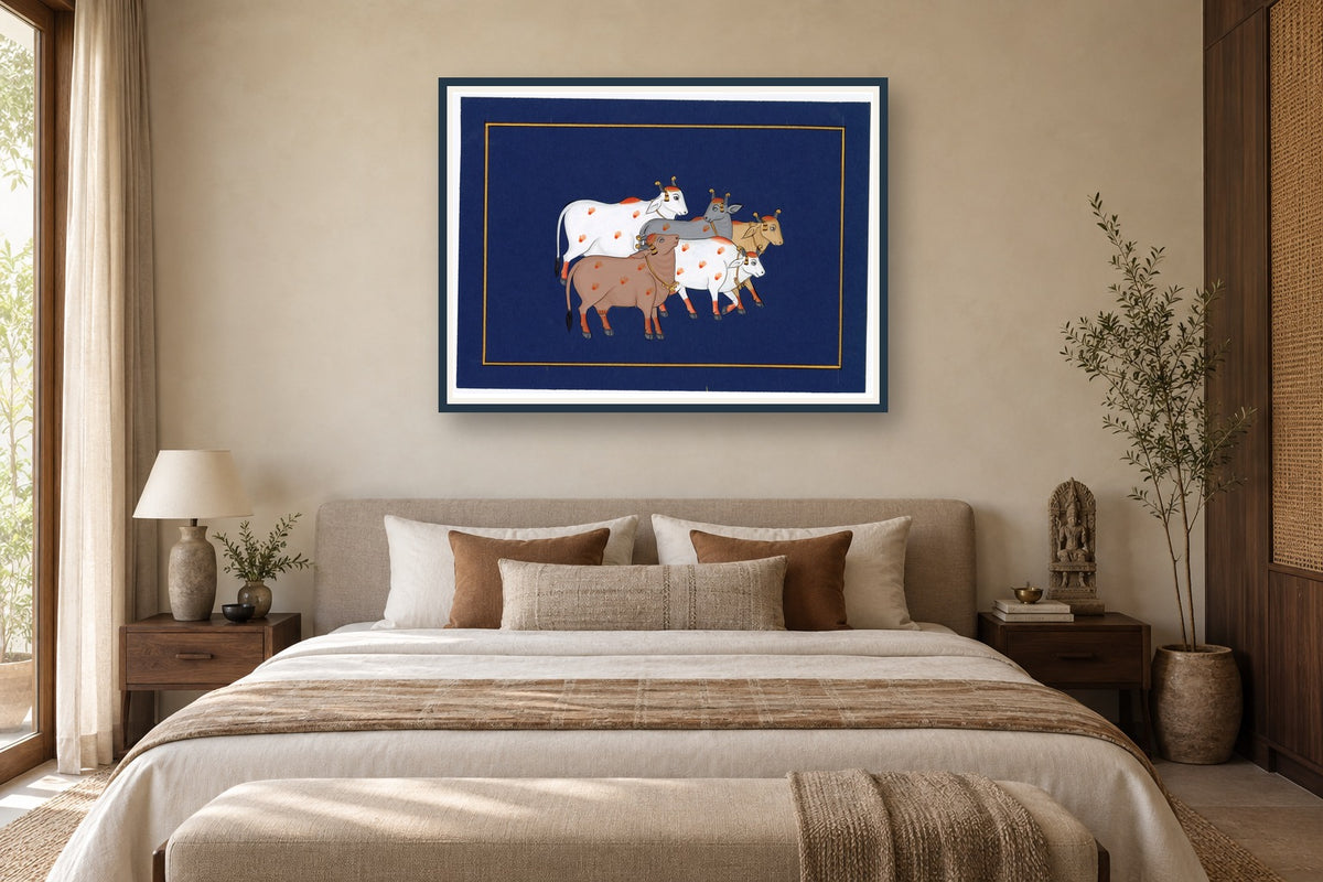 Indigo Kamdhenu cows art print styled in a premium bedroom