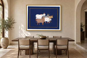 Indigo Kamdhenu cows art print styled in a premium dining room