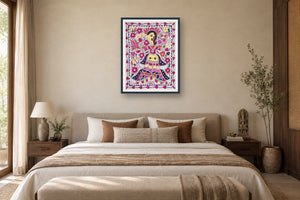 Lakshmi with owl Madhubani art print styled in a premium bedroom
