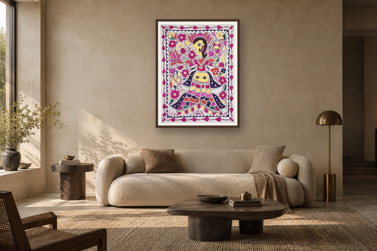 Lakshmi with owl Madhubani art print styled in a premium living room