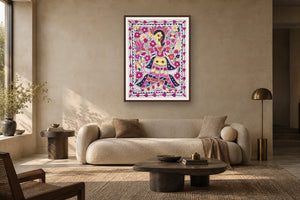 Lakshmi with owl Madhubani art print styled in a premium living room