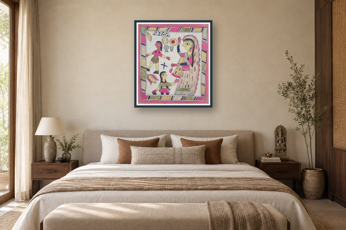 Mother and Daughters Madhubani art print styled in a premium bedroom