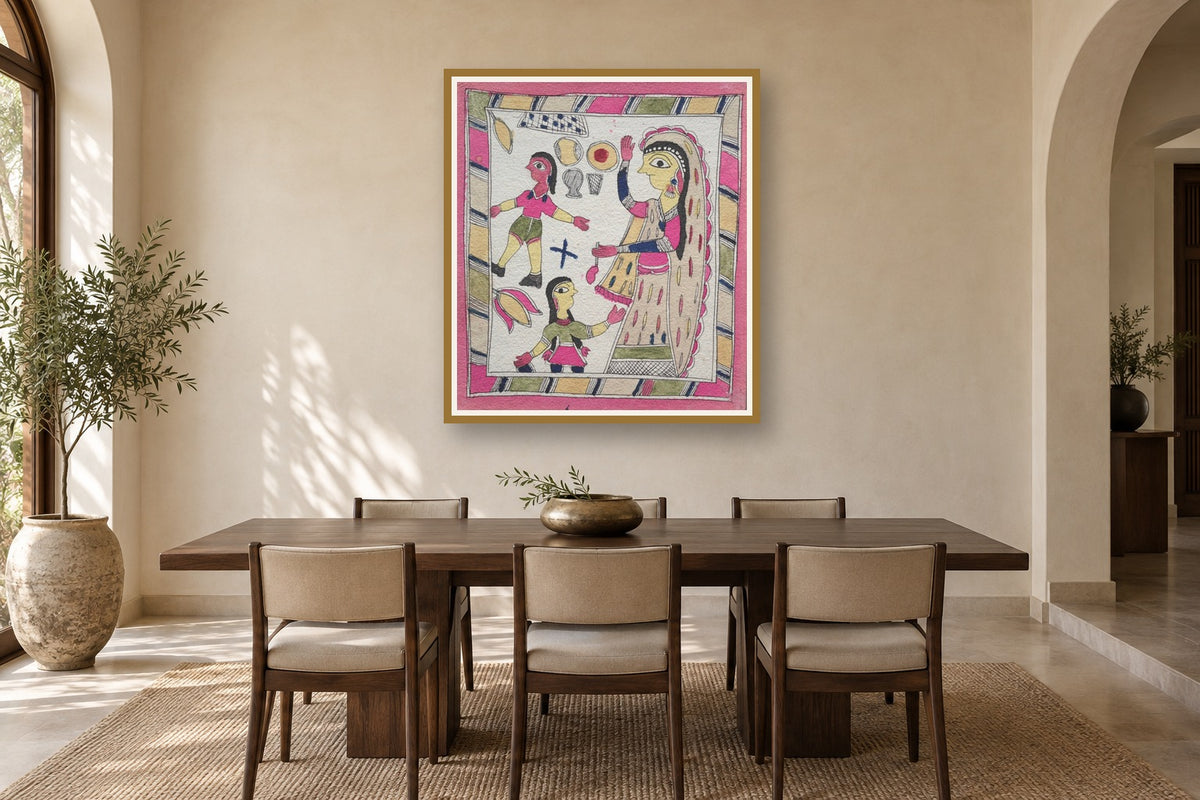 Mother and Daughters Madhubani art print styled in a premium dining room