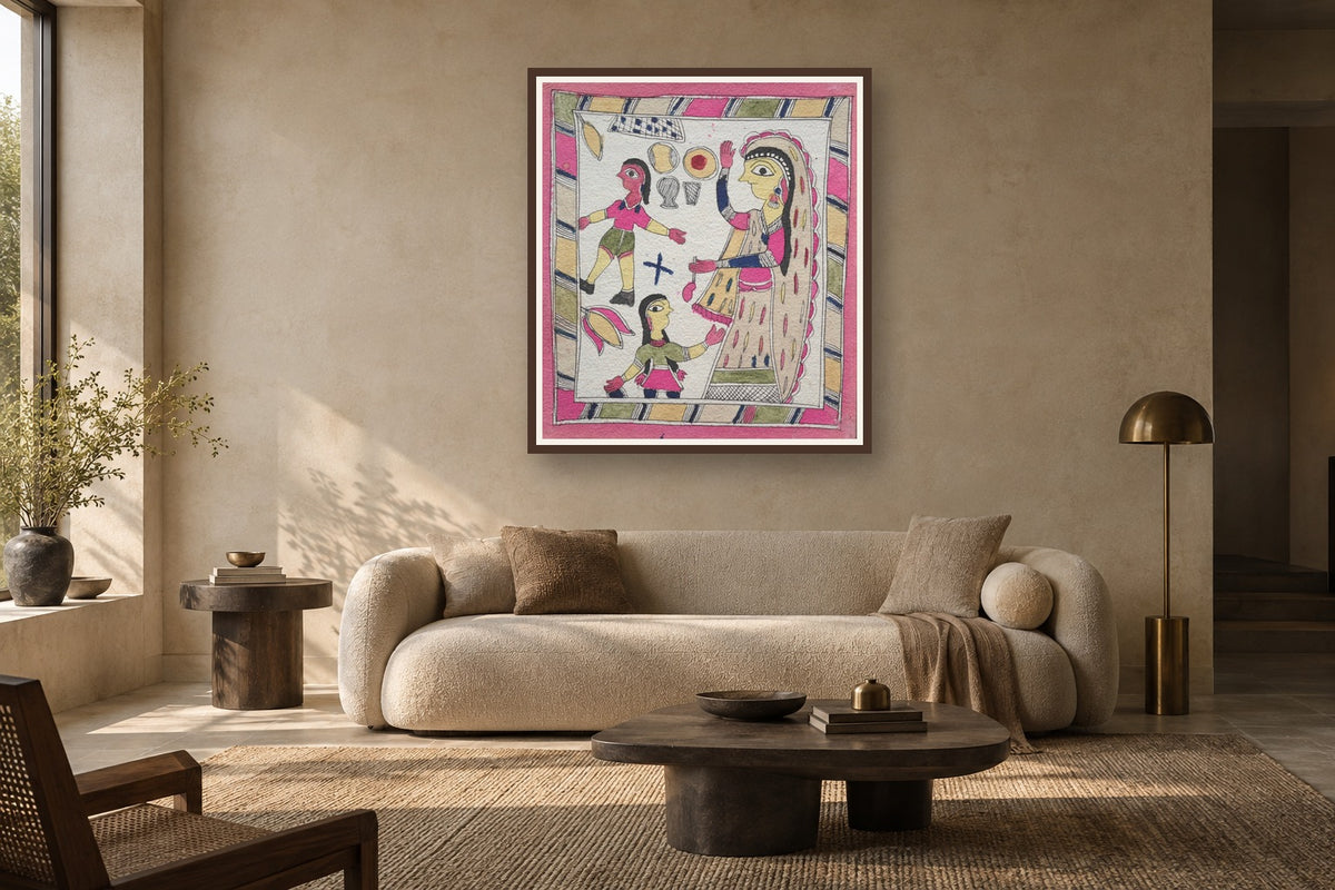 Mother and Daughters Madhubani art print styled in a premium living room