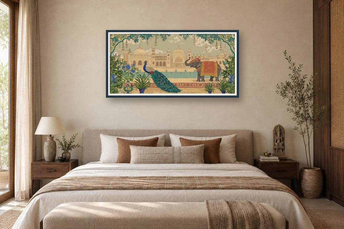 Mughal palace garden art print styled in a premium bedroom