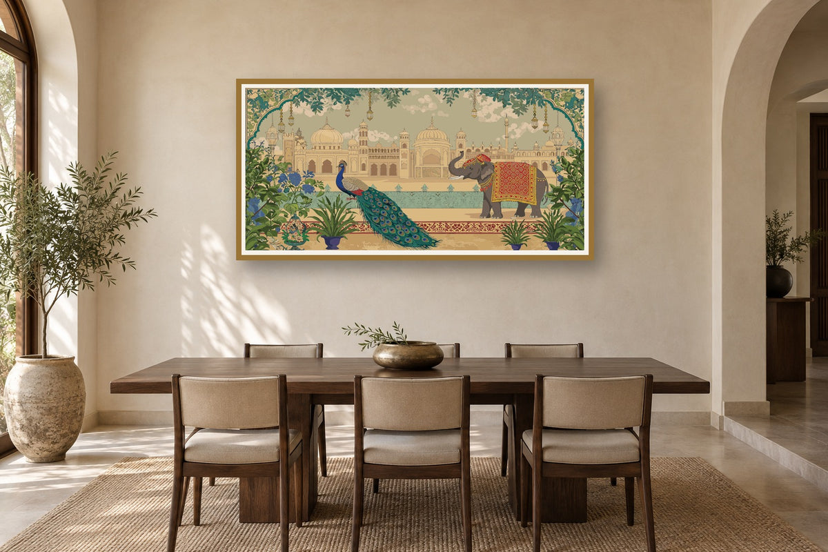 Mughal palace garden art print styled in a premium dining room