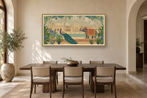 Mughal palace garden art print styled in a premium dining room