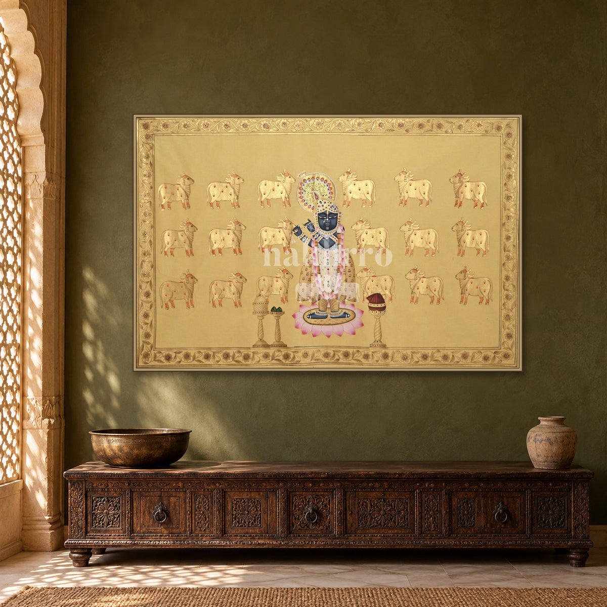 Golden Krishna with a Herd of Cows — Indian luxury interior styling, slim frame, room 1