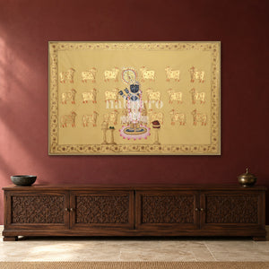 Golden Krishna with a Herd of Cows — Indian luxury interior styling, slim frame, room 3