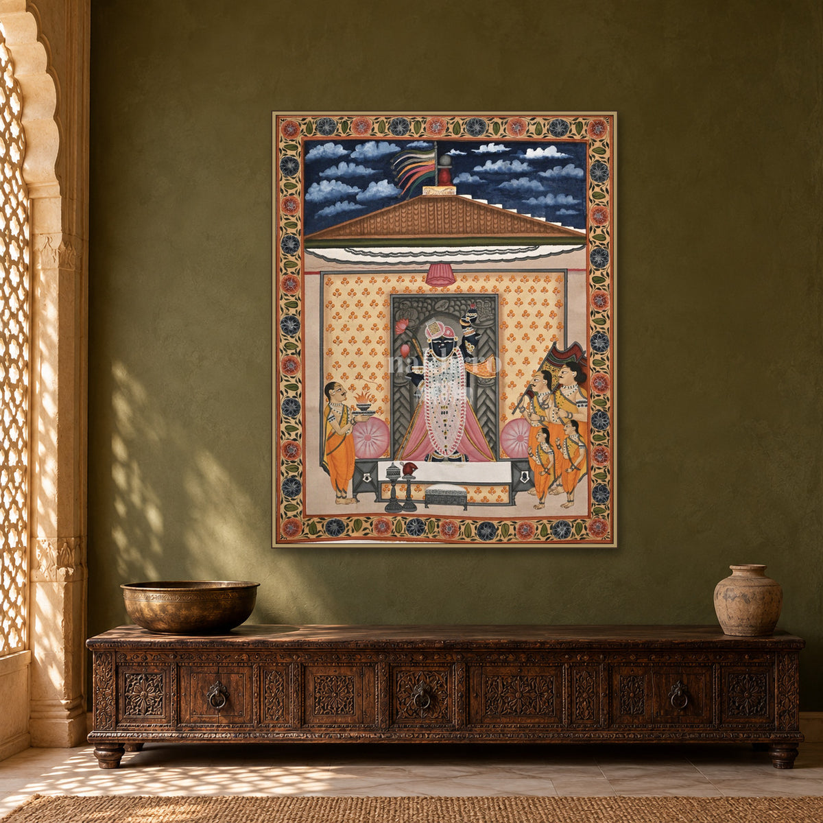 Shrinathji Aarti in the Temple — Indian luxury interior styling, slim frame, room 1