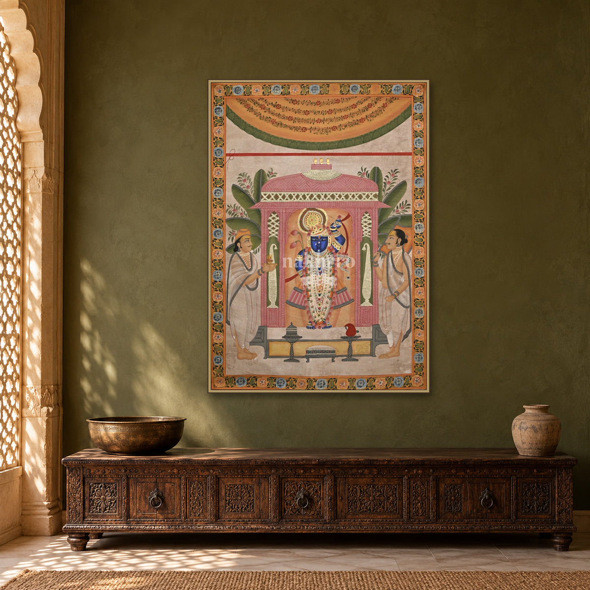 Shrinathji beneath the Pink Pavilion — Indian luxury interior styling, slim frame, room 1