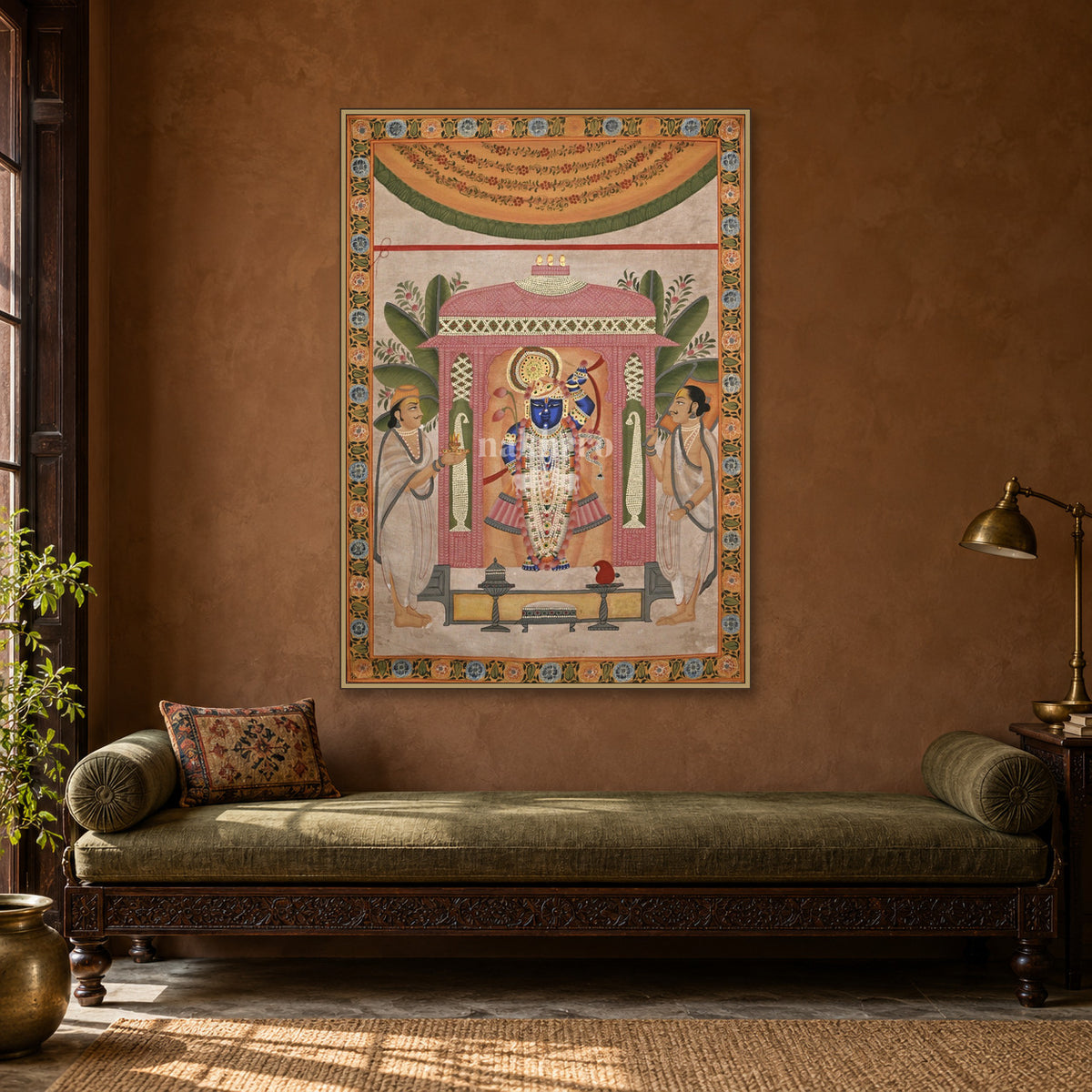 Shrinathji beneath the Pink Pavilion — Indian luxury interior styling, slim frame, room 2