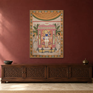 Shrinathji beneath the Pink Pavilion — Indian luxury interior styling, slim frame, room 3