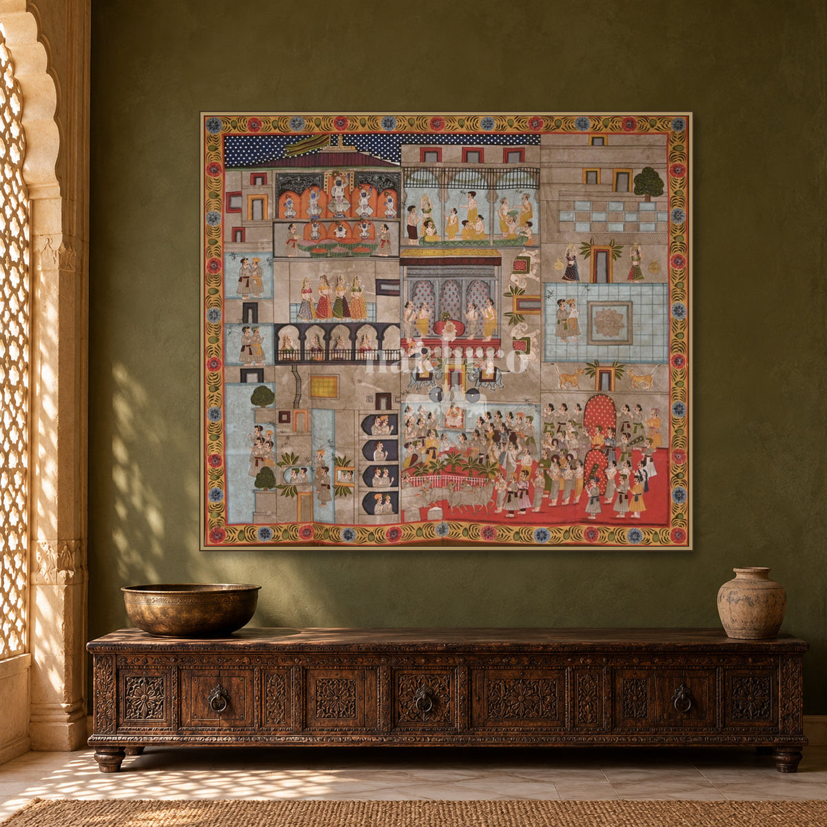 Nathdwara Temple Courtyard Scenes — Indian luxury interior styling, slim frame, room 1